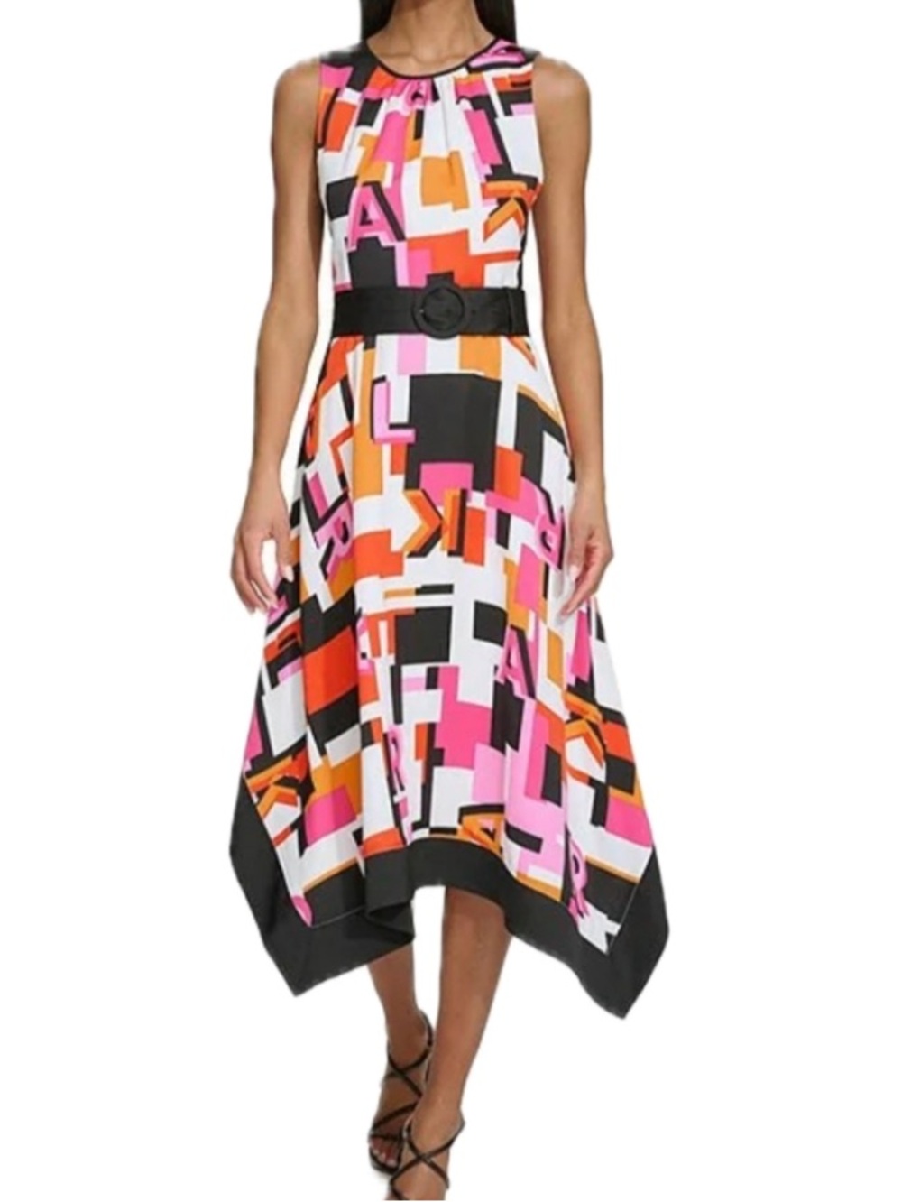 KARL LAGERFELD PARIS Silky Crepe Round Neck Sleeveless Asymmetrical Hem Dress